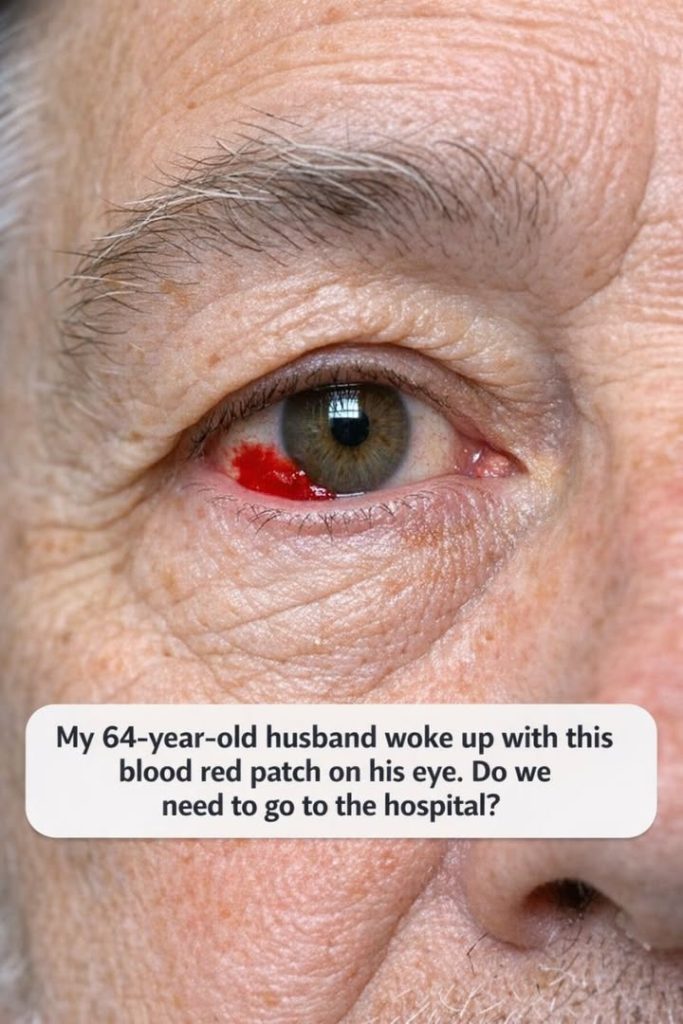 My 64-year-old husband woke up with this blood red patch on his eye. Do we need to go to the hospital?